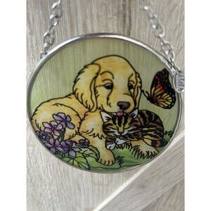 Amia Hand Painted Glass Suncatcher with Dog and Cat Design, 3-1/2-Inch Circle